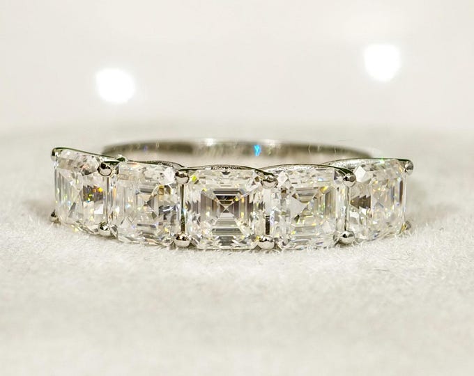 Asscher Cut Moissanite Wedding Band, Five Stone Proposal Band, Trellis Setting Shared Prong Engagement Band, 5th Anniversary Gift For Wife