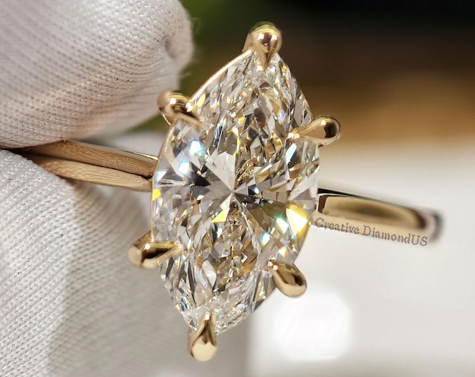 2 CT Marquise Cut Lab Grown Diamond Engagement Ring, IGI Certified Solitaire Diamond Wedding Ring, Solid Gold Luxurious Promise Ring