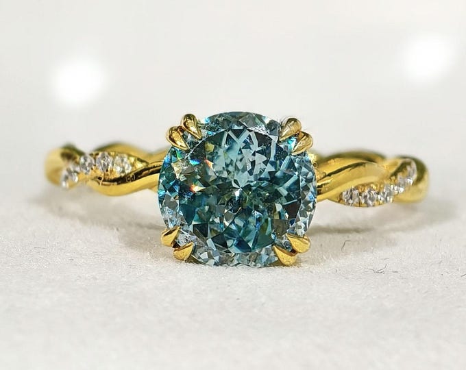 2 CT Cyan Blue Portuguese Round Cut Moissanite Engagement Ring, Twisted Shank Hidden Halo Double Prong Classic Modern Bridal Jewelry