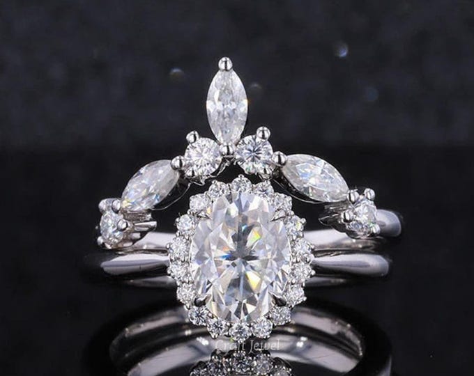 Moissanite Wedding Ring Set, Oval Cut Moissanite Halo Engagement Ring With Curved Eternity Band, Unique Cluster Stacking Bridal Ring Set