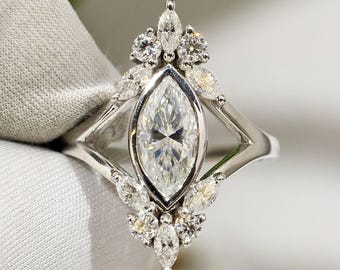 Marquise Moissanite 14k White Gold Engagement Ring, Cluster Diamond Accents