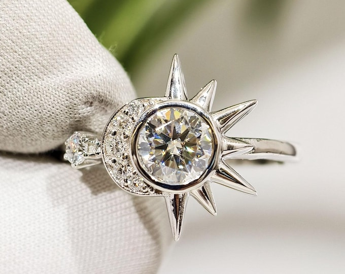 Moissanite Sun & Moon Engagement Ring, 18K White Gold Celestial Wedding Ring