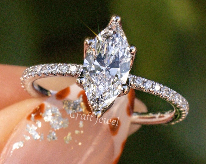 1.50 CT Marquise Cut Moissanite/Lab Grown Engagement Ring, Marquise Solitaire Wedding Ring, Solitaire With Accent Anniversary Ring For Wife