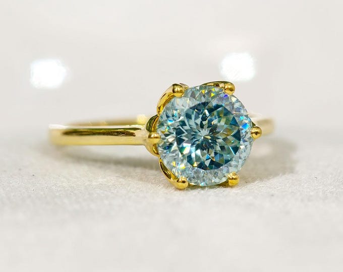 Portuguese Round Cut Cayn Blue Moissanite Ring, Tulip Petal Prong Setting Wedding Ring, Classic Solitaire Diamond Celebrity Style Ring