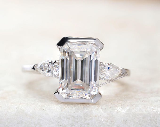 3 CT Three stone emerald Cut Moissanite Ring with Pear-Shaped Side Stones - Elegant Engagement & Anniversary Gift