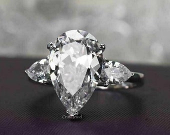 3.00 CT Pear Cut Moissanite Engagement ring, Three Stone Moissanite Wedding Ring, Teardrop Cut Moissanite Anniversary Ring, Unique Ring