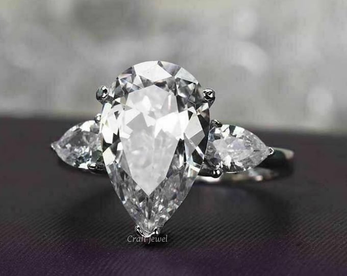 3.00 CT Pear Cut Moissanite Engagement ring, Three Stone Moissanite Wedding Ring, Teardrop Cut Moissanite Anniversary Ring, Unique Ring