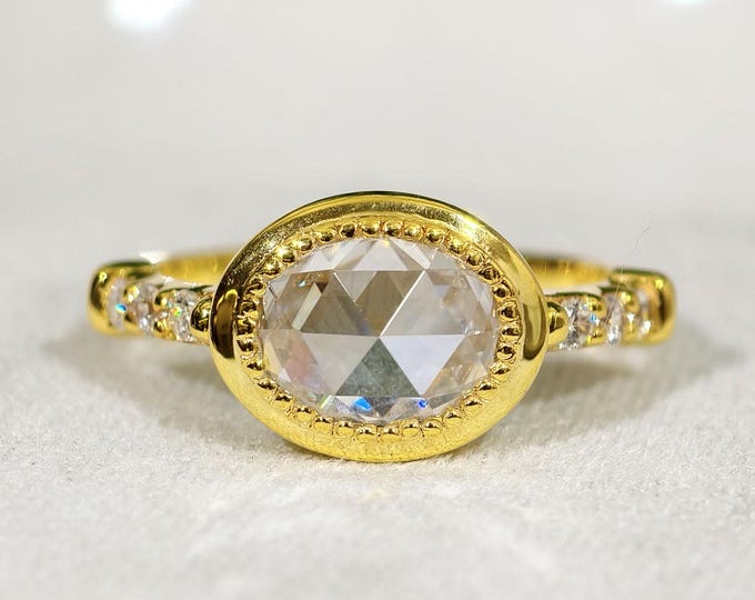 2 CT Oval Rose Cut Moissanite Engagement Ring, East West Diamond Minimal Wedding Ring For Her, Bezel With Milgrain Setting Proposal Ring