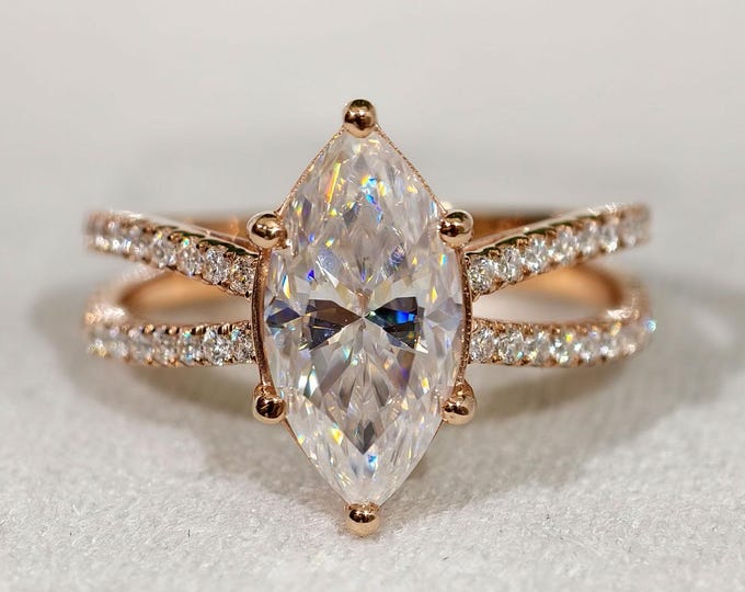2.50 Carat Marquise Cut Moissanite Engagement Ring, Six Prong Set Split Shank Anniversary Ring For Wife, Luxury Sparkling Wedding Ring