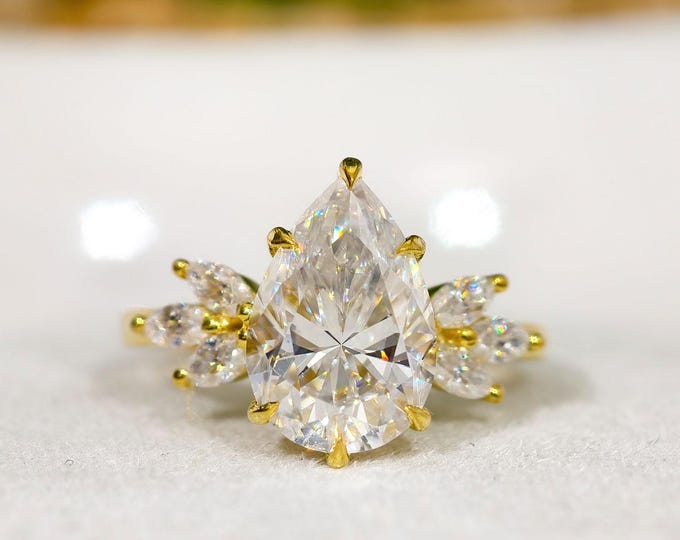 Pear Cut Moissanite Diamond Engagement Ring, Solid Gold Cluster Setting Ring Vintage Style Ring, Beautiful Unique Birthday Gift Ring For Her