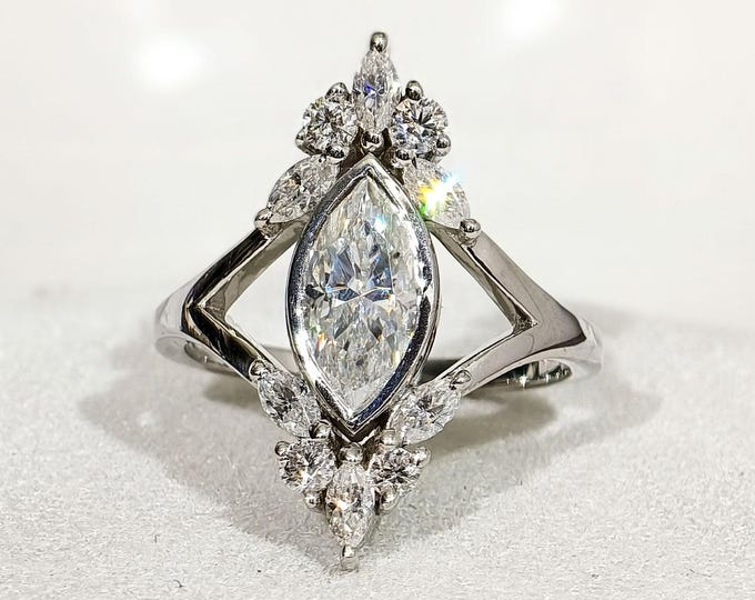 Marquise Moissanite Bezel Set Ring, Cluster Diamond Ring, Split Shank Engagement Ring for Her, Side Marquise And Round Stone Classic Ring