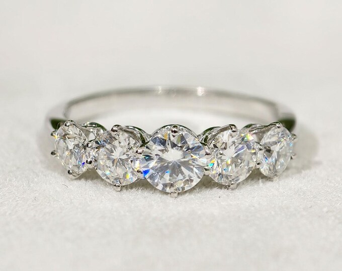 Round Cut Moissanite Engagement Ring, Unique Prong Setting Five Stone Wedding Ring, 14K Solid White Gold Affordable Anniversary Gift