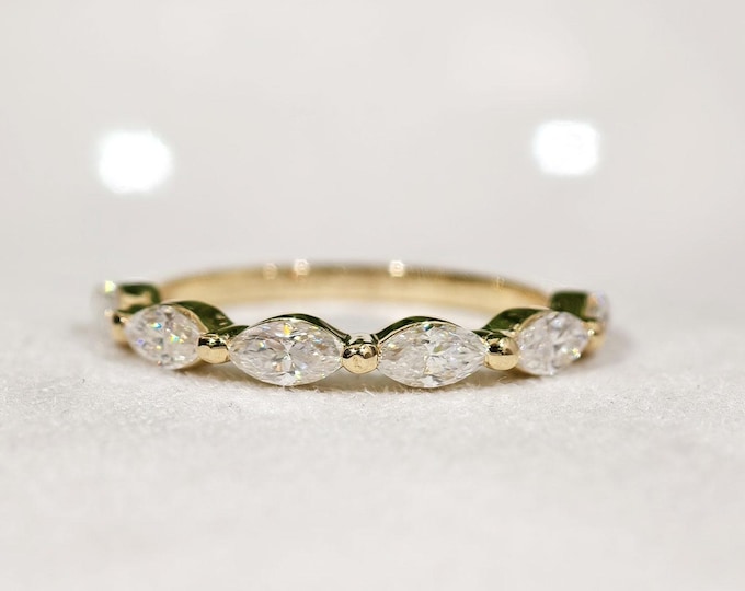 Delicate Marquise Cut Half Eternity Gold Band, East West Moissanite Diamond Promise Band, Minimalist Stackable Wedding Anniversary Jewelry