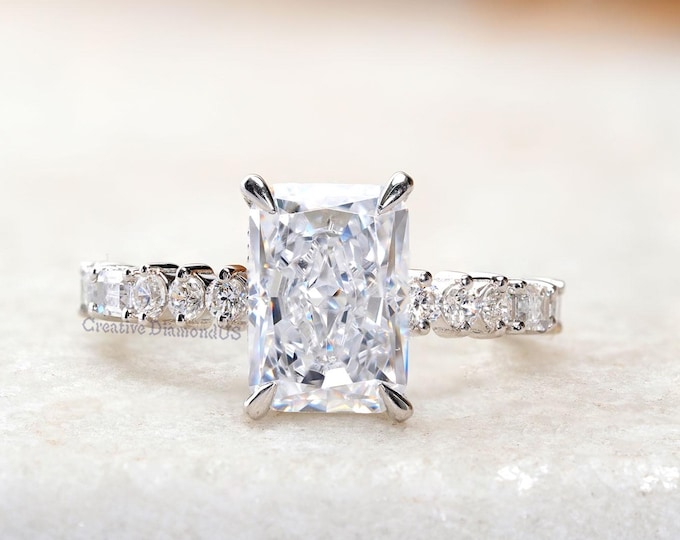 Radiant Cut Colorless Moissanite Diamond Engagement Ring Hidden Halo With Side Round & Baguette Pave Wedding Ring Luxurious Anniversary Gift