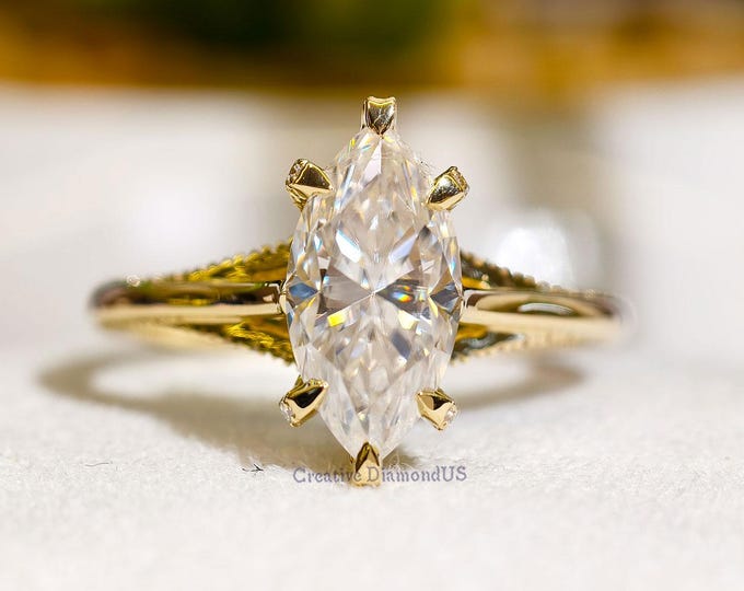 2 Carat Marquise Cut Moissanite Solitaire Engagement Ring, Designer Hidden Halo Anniversary Ring, Pave Bridge Setting Luxurious Wedding Ring