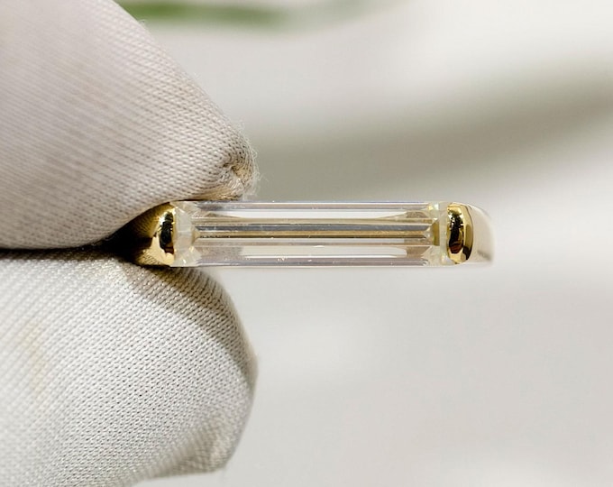 Elongated Baguette Cut Moissanite Wedding Ring, Bar Set Solitaire Diamond Engagement Ring, East West Setting Luxurious Anniversary Ring