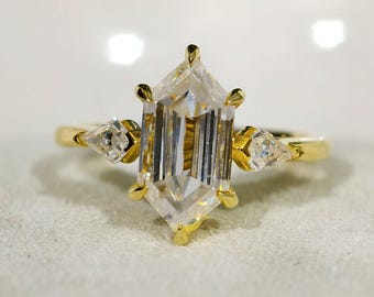 2.50 Ct Hexagon Cut Moissanite Engagement Ring, Three Stone Anniversary Ring in 14k Solid Yellow Gold, Step Cut Geometric Wedding Jewelry