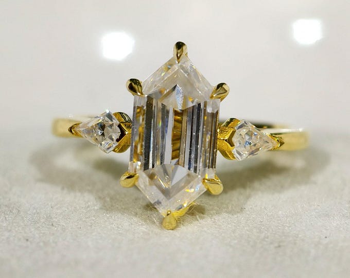 2.50 Ct Hexagon Cut Moissanite Engagement Ring, Three Stone Anniversary Ring in 14k Solid Yellow Gold, Step Cut Geometric Wedding Jewelry