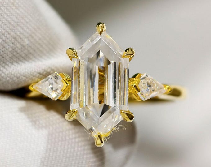 Hexagon Step Cut Moissanite Engagement Ring, Three Stone Anniversary Gift for Women, Kite Shaped Side Diamond Trilogy Modern Proposal Ring