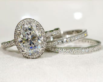Vintage Unique Oval Cut Moissanite Wedding Ring Set, Halo Engagement Ring With Milgrain Setting Matching Eternity Band, Art Deco Bridal Set