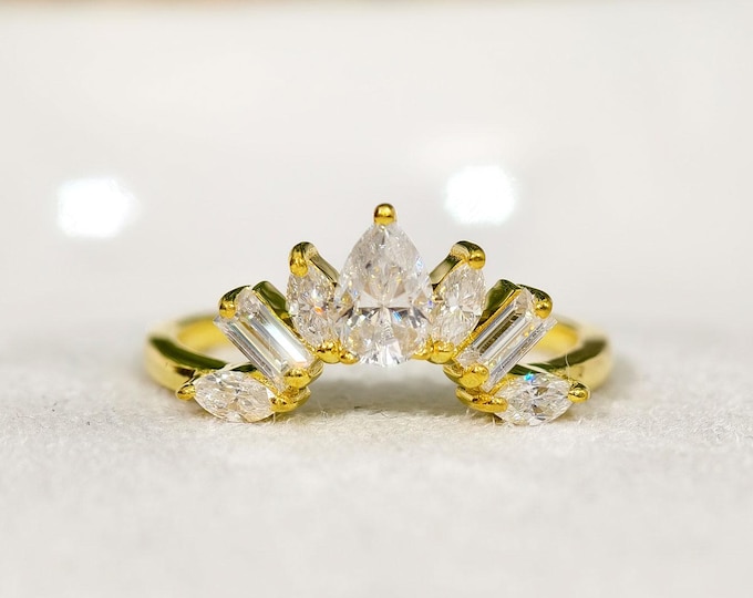 Pear Shape Outline Curved Wedding Band, Teardrop Cut Colorless Moissanite Band, Matching Half Eternity Band, Luxurious Stackable Gold Band