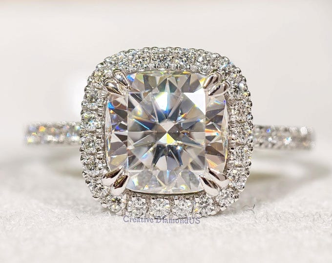 Cushion Cut Moissanite Diamond Wedding Ring, Designer Halo Setting Engagement Ring, Solid  White Gold Double Prong Set Anniversary Gift