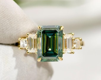 Green Emerald Cut Moissanite Diamond Five Stone Engagement Ring, Vintage Style Art Deco Wedding Ring, Celebrity Style Anniversary Ring