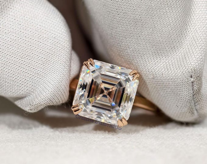 3 CT Asscher Cut Colorless Moissanite Engagement Ring, Solitaire Diamond Wedding Ring, Solid Rose Gold Double Claw Prong Set Proposal Ring