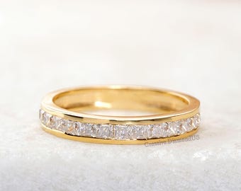 Princess Cut Colorless Moissanite Wedding Band, Antique Channel Set Half Eternity Matching Band For Anniversary Ring, Dainty Moissanite Band