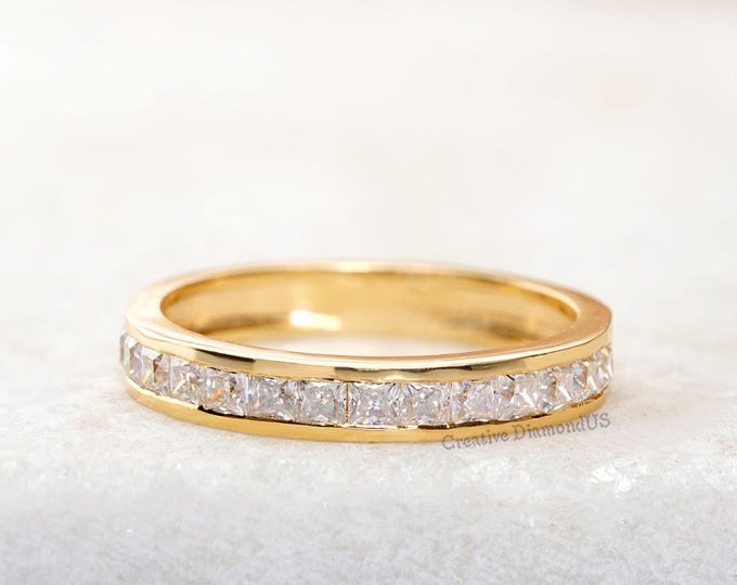 Princess Cut Colorless Moissanite Wedding Band, Antique Channel Set Half Eternity Matching Band For Anniversary Ring, Dainty Moissanite Band