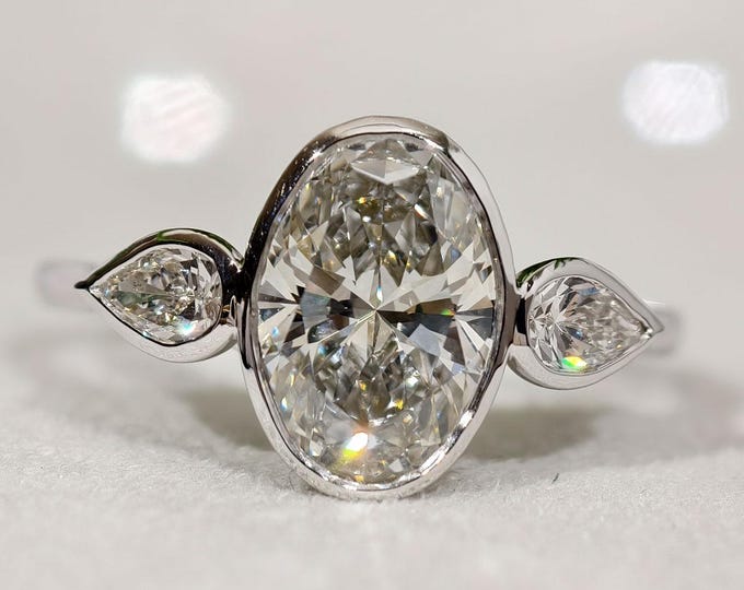 Oval Cut Lab Grown Diamond Engagement Ring in White Gold, Pear Side Stones IGI Certified Bezel Set Proposal Ring, Ethical Bridal Jewelry