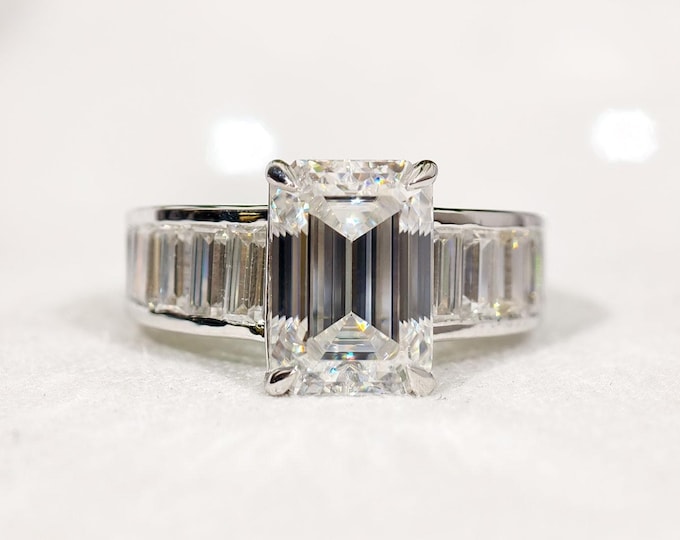 Vintage Style Emerald Cut Moissanite Solitaire Wedding Ring, Baguette Diamond Channel Set Half Eternity Engagement Ring, Modern Promise Ring