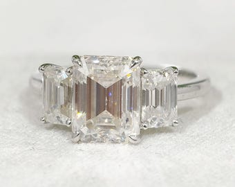Emerald Cut Moissanite Three Stone Engagement Ring, 14K Solid White Gold Trilogy Diamond Wedding Ring For Her, Custom Birthday Gift