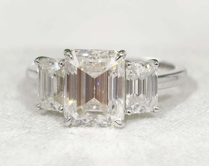 Emerald Cut Moissanite Three Stone Engagement Ring, 14K Solid White Gold Trilogy Diamond Wedding Ring For Her, Custom Birthday Gift