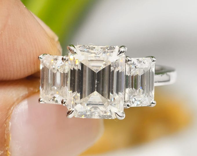 2.50 Carat Emerald Cut Moissanite Wedding Ring, Three Stone Engagement Ring For Women, Luxurious Solid White Gold Anniversary Gift