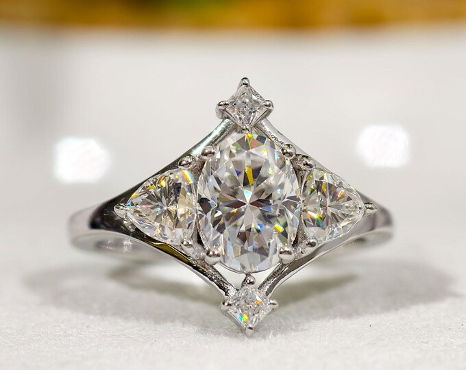Three Stone Oval Cut Moissanite Engagement Ring, Designer Split Shank Troligy Diamond Wedding Ring, Unique Modern Statement Ring