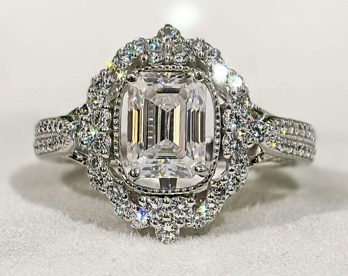 Emerald Cut Moissanite Engagement Ring, Milgrain Design Halo Wedding Ring, Victorian Style Cluster Art Deco Proposal Gift, Handmade Jewelry
