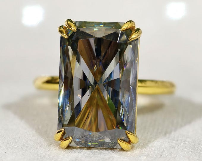 Grey Radiant Cut Moissanite Double Claw Prong Set Engagement Ring Solitaire Diamond Wedding Ring 14K Solid Yellow Gold Modern Bridal Jewelry