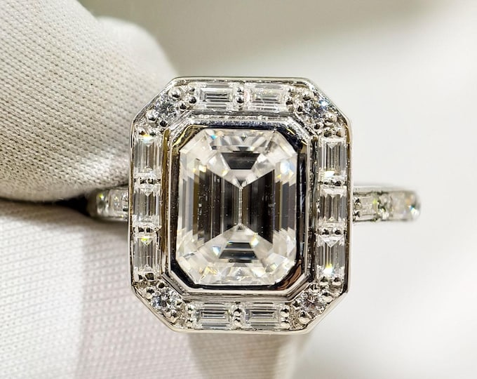 3 Carat Emerald Cut Moissanite Engagement Ring, Unique Baguette And Round Halo Wedding Ring, 14K White Gold Bezel Set Handmade Jewelry