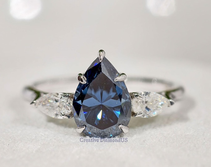2 CT Blue Pear Cut Moissanite Engagement Ring, Three Stone Wedding Anniversary Ring, Trilogy Diamond Luxurious Proposal Ring