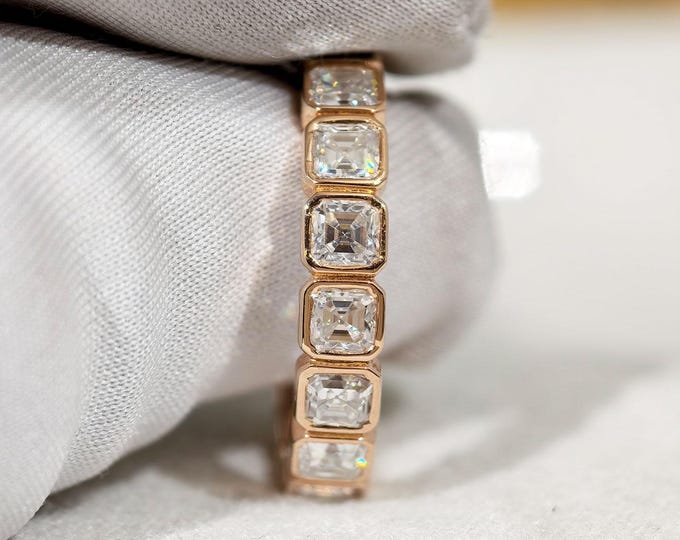 Asscher Cut Bezel Set Full Eternity Band, Moissanite Promise Band, Ethical Stacking Anniversary Band, 14K Solid Gold Matching Wedding Band