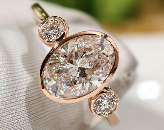 Oval Three Stone Engagement Ring, 2 Ct Oval Cut Lab Grown Diamond Wedding Ring For Women, Bezel Set Trilogy Anniversary Gift Ring