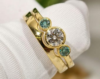 Bezel Set Round Cut Moissanite Three Stone Bridal Ring Set, Solid Yellow Gold Wedding Ring Set, Stackble Ring Set Gift For Her