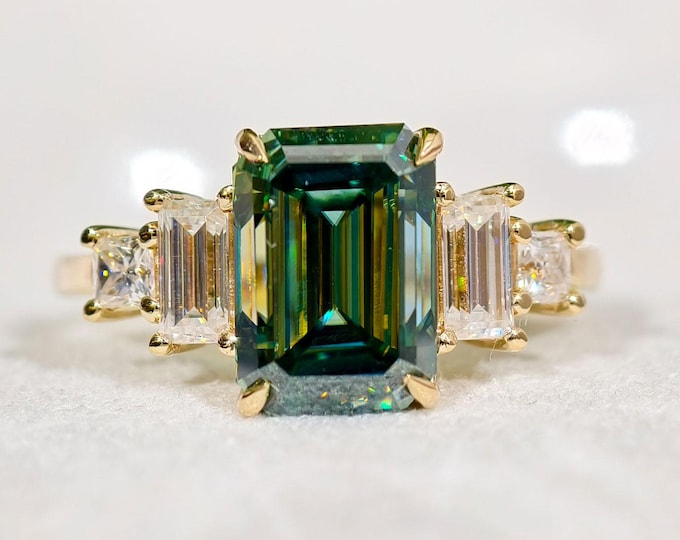 3 CT Green Emerald Cut Five Stone Ring, Emerald Green Moissanite Engagement Ring, Vintage Art Deco Wedding Ring, Classy Anniversary Ring