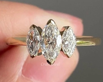 Three Stone Marquise Cut Moissanite Ring, 1 CT Marquise Cut Engagement Ring, Half Bezel Set Wedding Ring, Triple Stone Trilogy Promise Ring