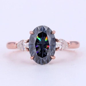 Three stone 3 CT Oval Cut Grey Moissanite Engagement Ring with Pear Cut Side Stones & Tulip Prongs, Perfect Anniversary or Birthday Gift