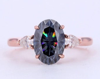 Three stone 3 CT Oval Cut Grey Moissanite Engagement Ring with Pear Cut Side Stones & Tulip Prongs, Perfect Anniversary or Birthday Gift