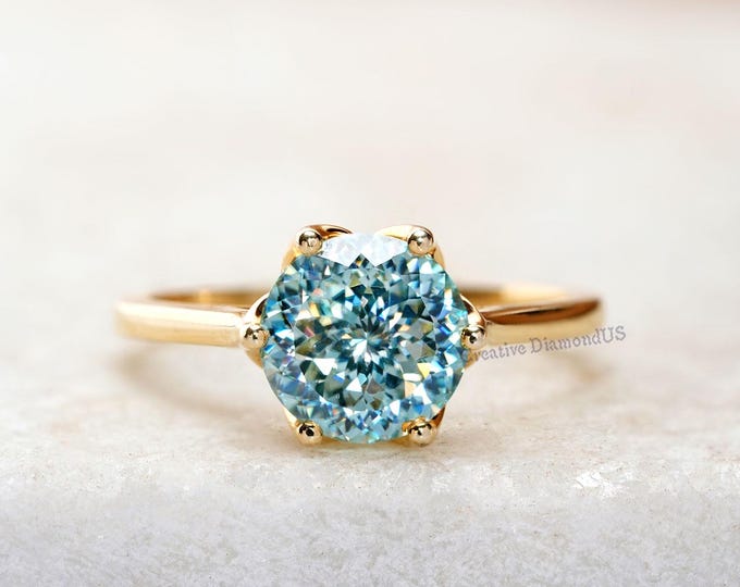 Portuguese Cut Blue Moissanite Engagement Ring, Six Petal Prong Solitaire Wedding Ring, Sparkling Round Diamond Anniversary Gift For Her