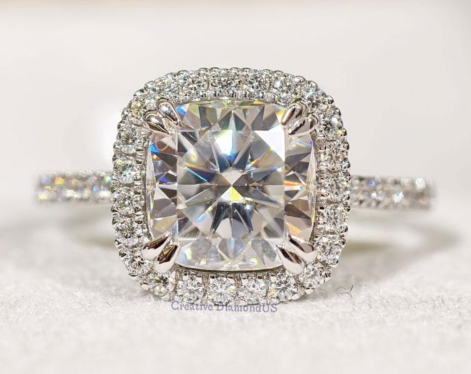 2 CT Cushion Moissanite Engagement Ring, Halo Round Moissanite Double Claw Prongs Ring, Ring for Women, Unique Halo Wedding Ring for Bride