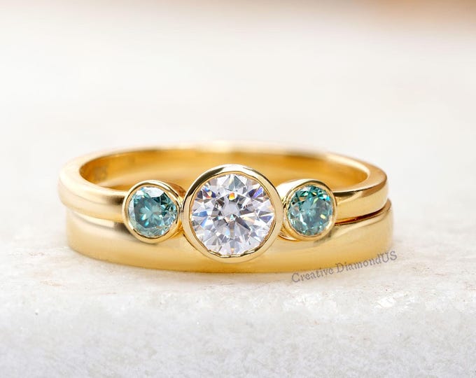 0.50 CT Round Cut Moissanite Wedding Ring Set Three Stone Engagement Ring With Comfort Fit Art Deco Matching Band Bezel Set Bridal Ring Set